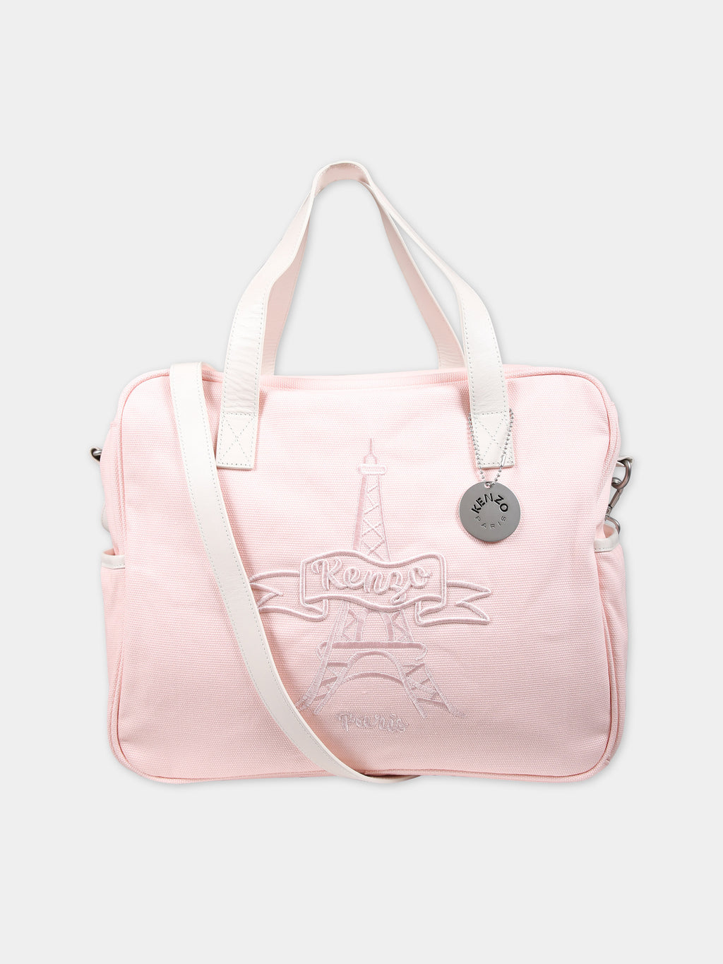 Pink mother bag for babies with logo and Eiffel Tower